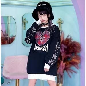 Listen Flavor Broken Heart Sweatshirt Dress Black Plaid Grunge Kawaii F